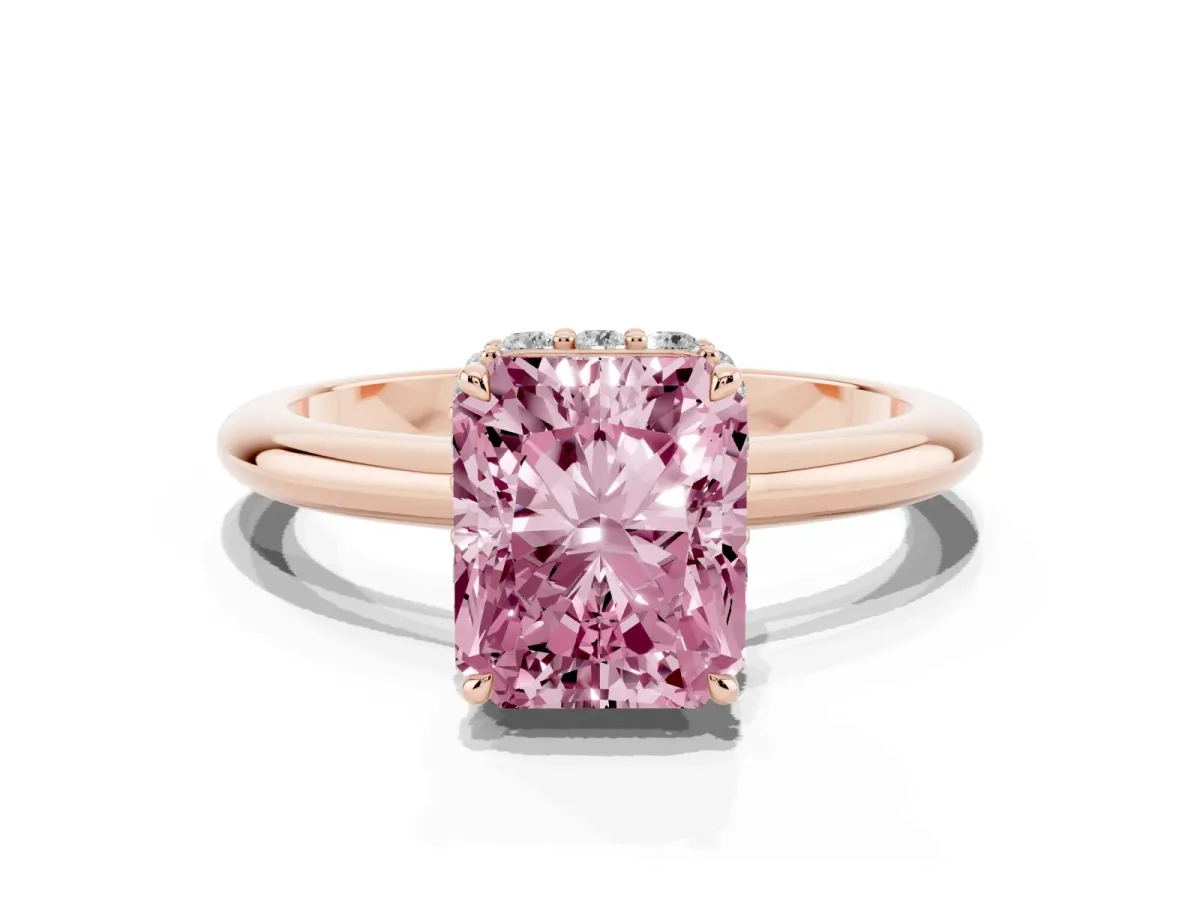 Fancy Pink Radiant Cut Brilliant Solitaire Engagement Ring with Six-Prong Setting and Classic Band Rose gold