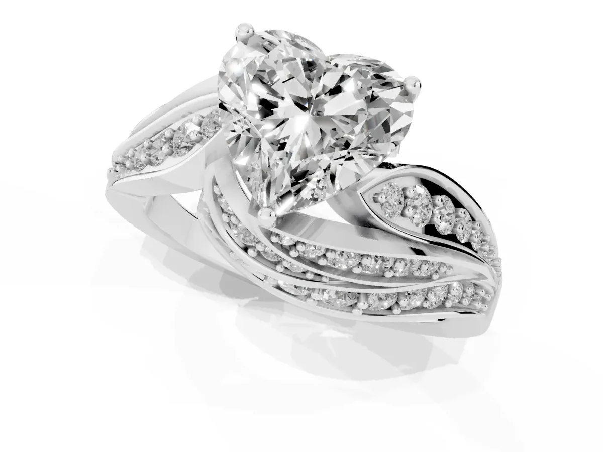 Heart Cut Diamond Solitaire Ring with Prong Setting and Twisted Pavé Band Silver