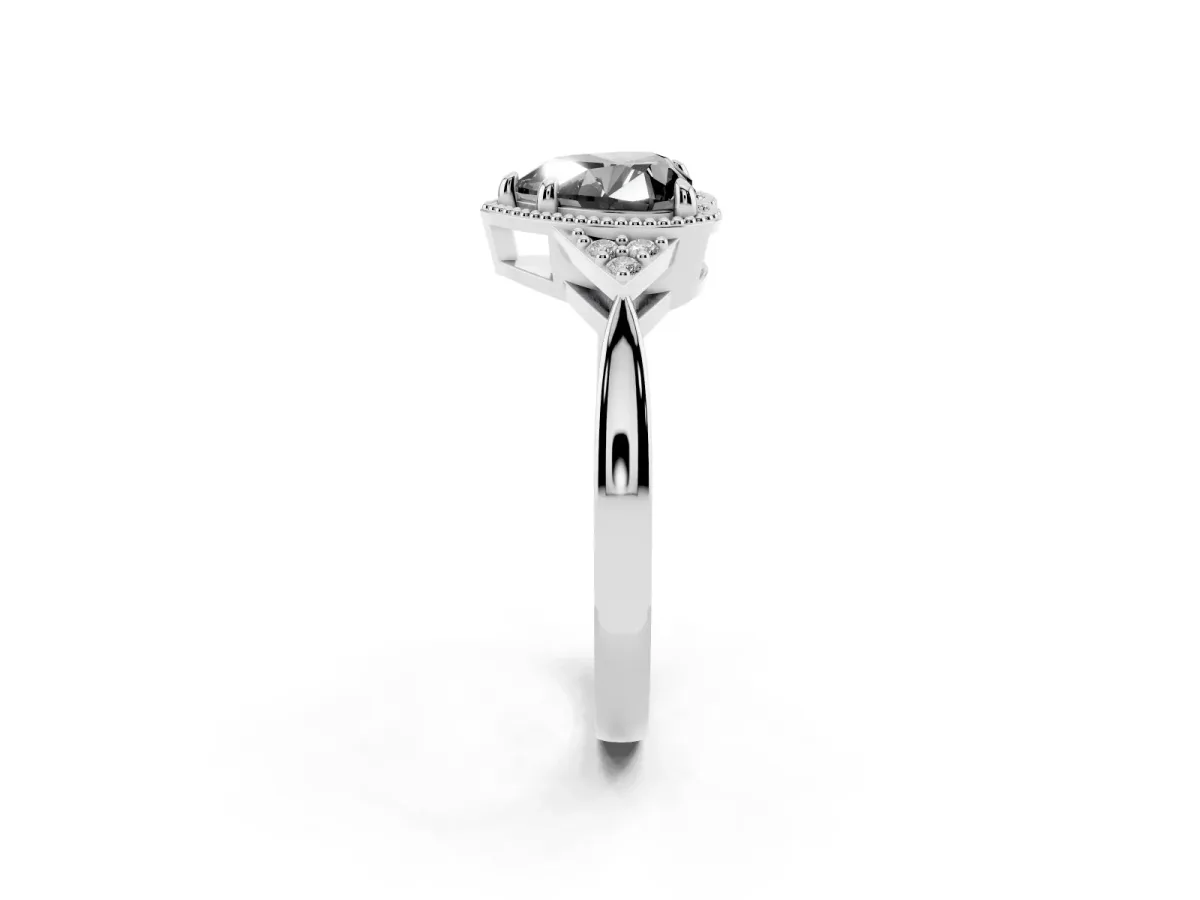 Fancy Black Hexagonal Halo Heart Cut Diamond Solitaire with Pavé Band and Four-Prong Setting Silver