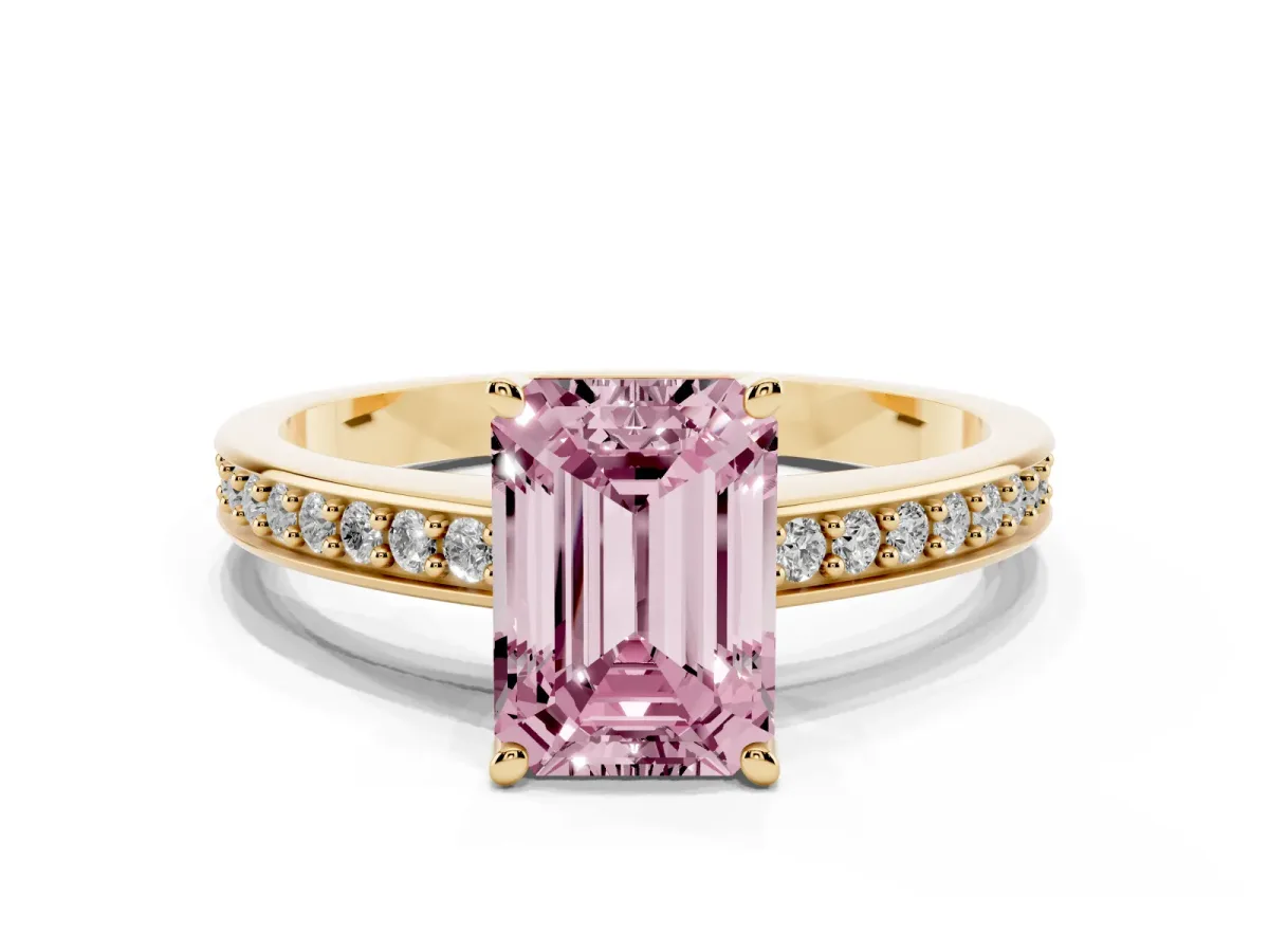 Fancy Pink Emerald Cut Solitaire Pavé Band Prong Setting Ring Yellow gold