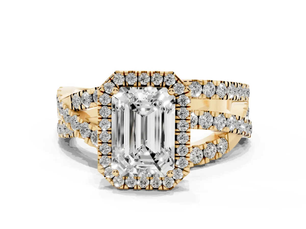 Emerald Cut Diamond Halo Ring with Round Split Shank and Prong Setting Yellow gold