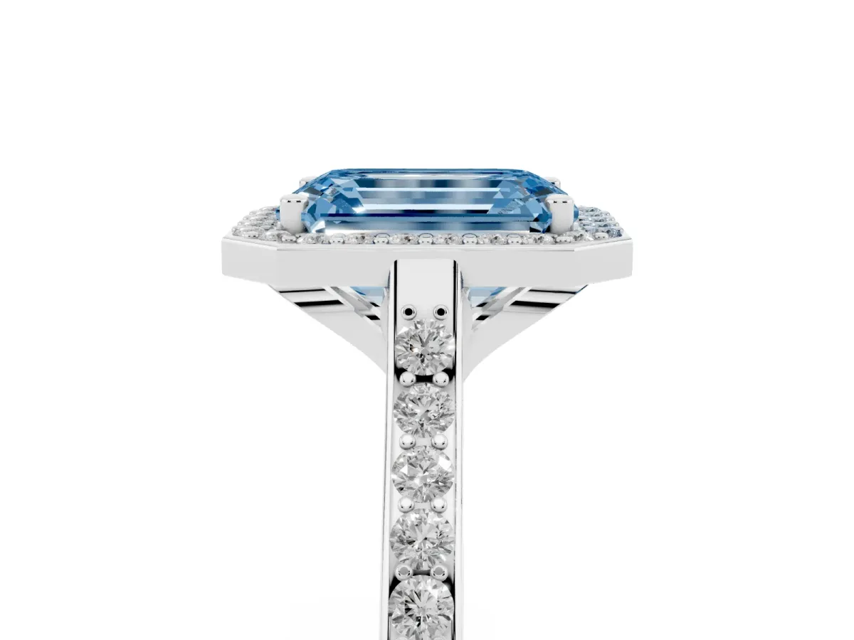 Fancy Blue Emerald Cut Diamond Halo Engagement Ring with Round Pavé Shoulders and Prong Setting Platinum