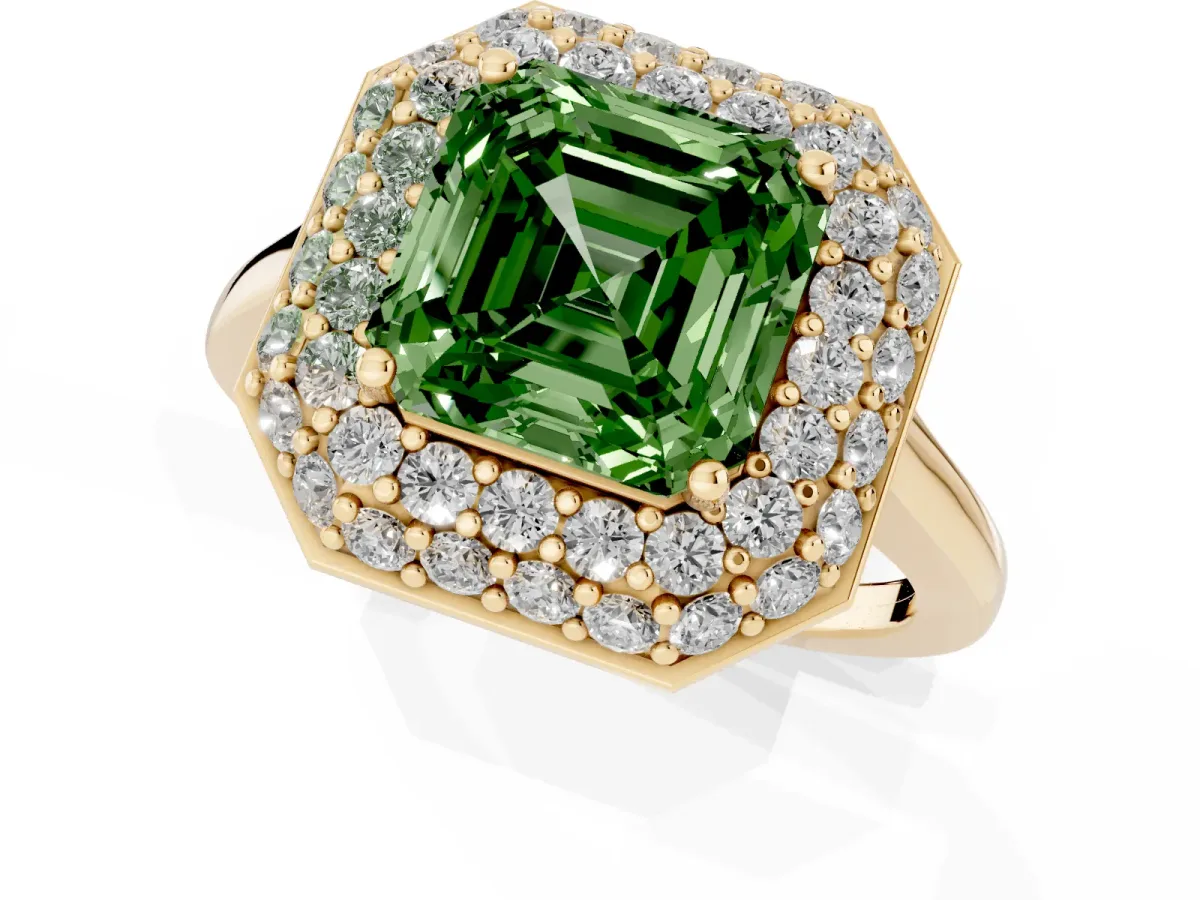 Fancy Green Asscher Cut Halo Diamond Engagement Ring with Solitaire Band and Four-Prong Setting Yellow gold