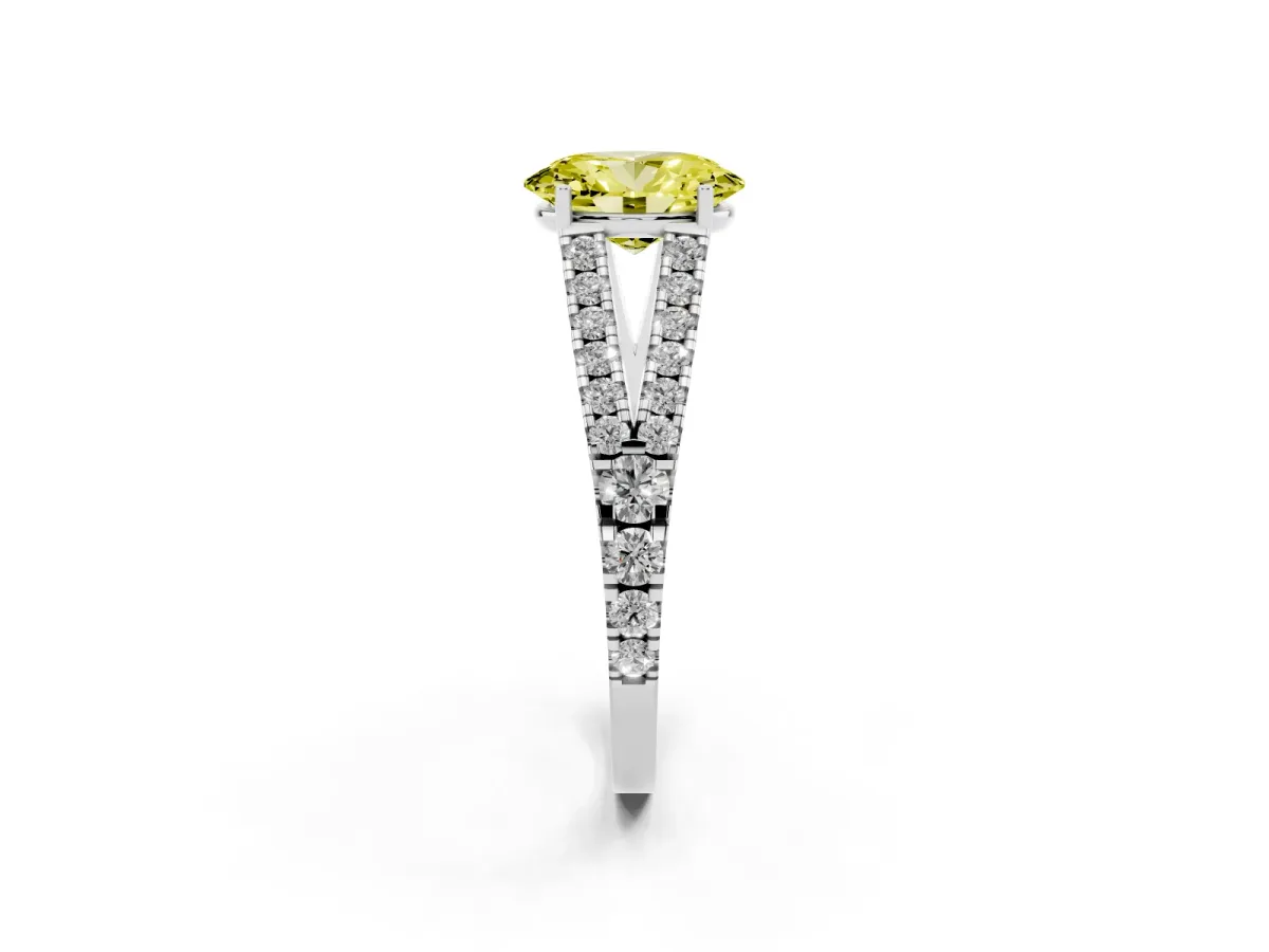 Fancy Yellow Oval Cut Diamond Split Shank Engagement Ring with Round Pavé and Prong Setting Platinum