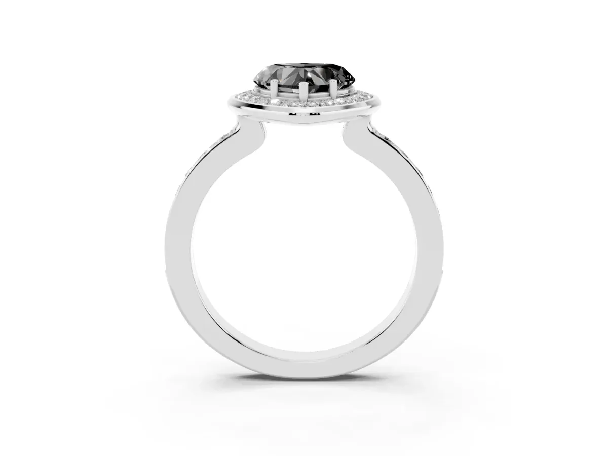 Fancy Black Heart Cut Diamond Halo Ring with Bezel Frame and Pavé Band Silver