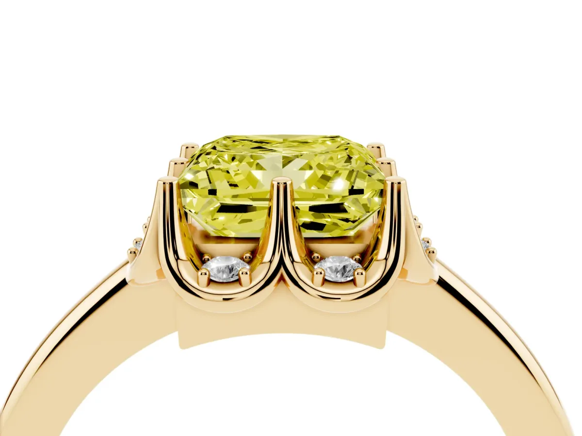 Fancy Yellow Princess Cut Halo Diamond Ring with Round Cluster Setting, Solitaire Band, and Four-Prong Setting Yellow gold