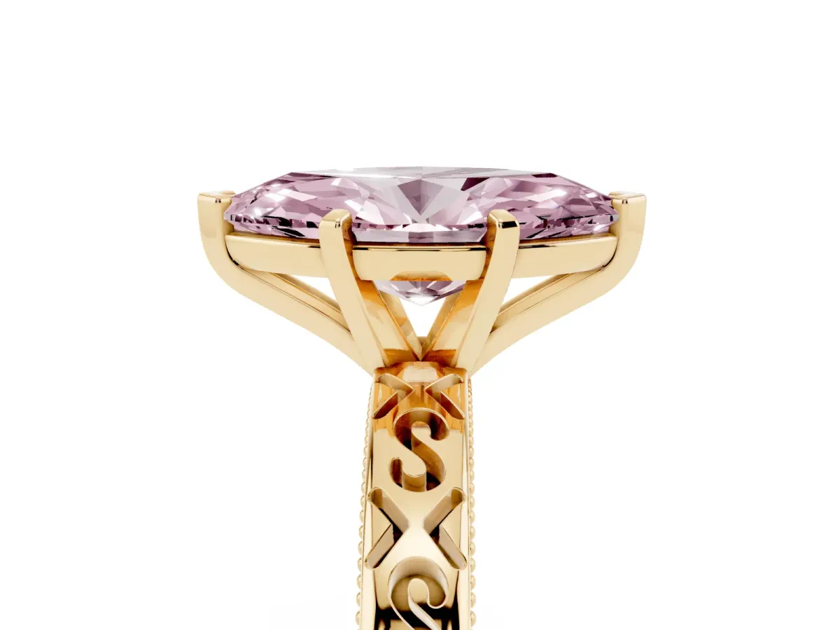 Fancy Pink Marquise Cut Solitaire Engagement Ring with Scrollwork Band and Four-Prong Setting Yellow gold