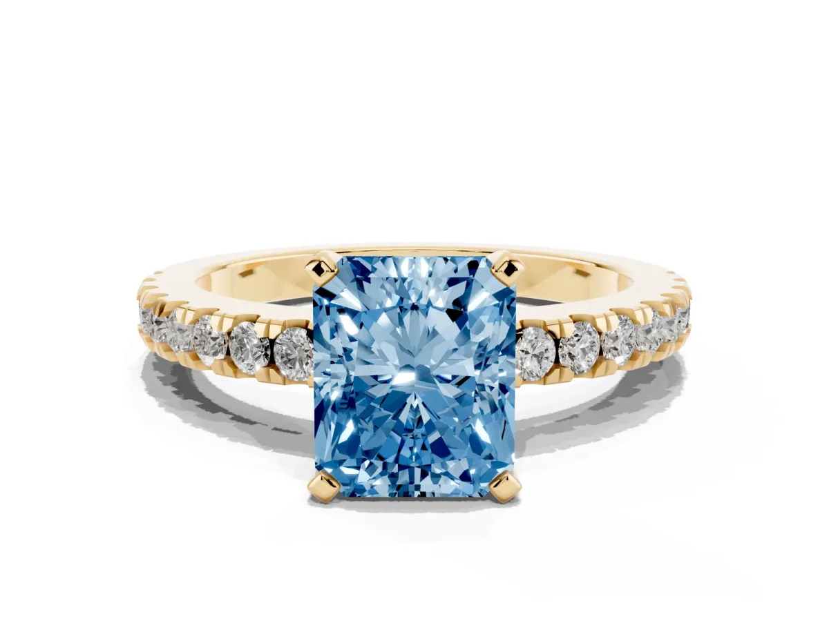 Fancy Blue Radiant Cut Solitaire Diamond with Pavé Band and Four-Prong Setting Yellow gold