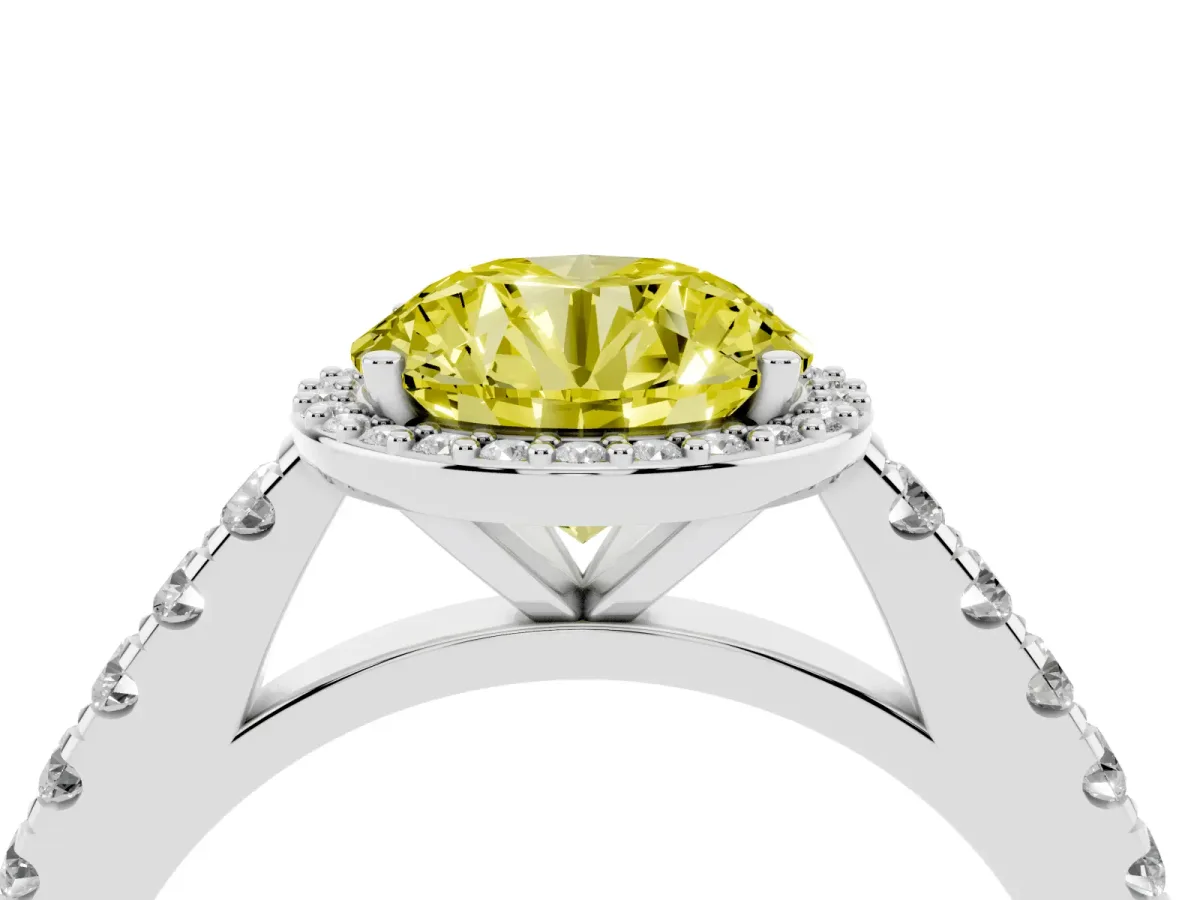 Fancy Yellow Round Cut Cut Halo Diamond Engagement Ring with Pave Band and Four-Prong Setting White gold