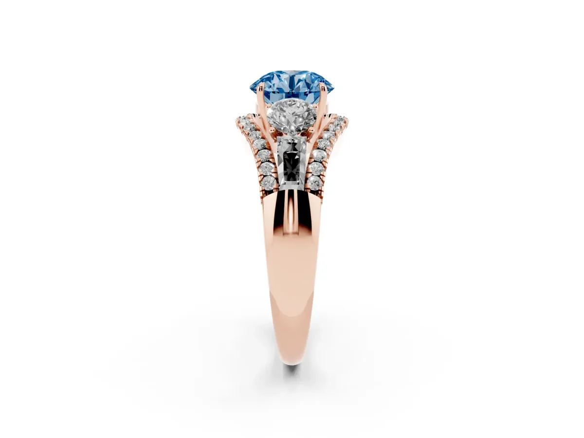 Fancy Blue Three-Stone Round Cut Diamond Engagement Ring with Pave Band and Prong Setting Rose gold