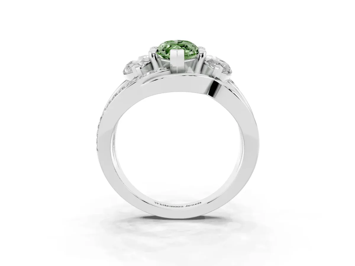 Fancy Green Three-Stone Marquise Cut Cut Diamond Split Shank Prong Set Ring Silver