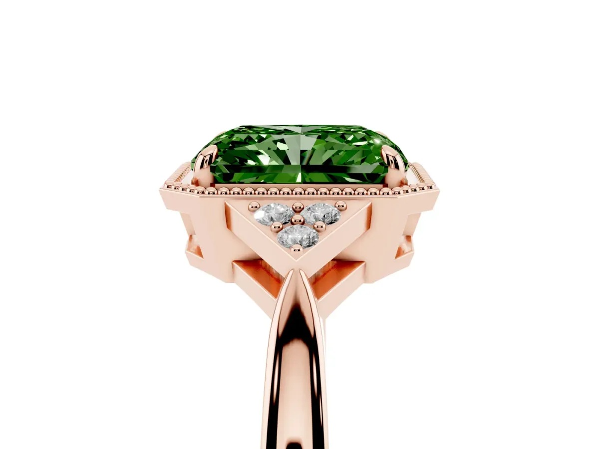 Fancy Green Radiant Cut Diamond Halo Ring with Tapered Band and Four-Prong Setting Rose gold