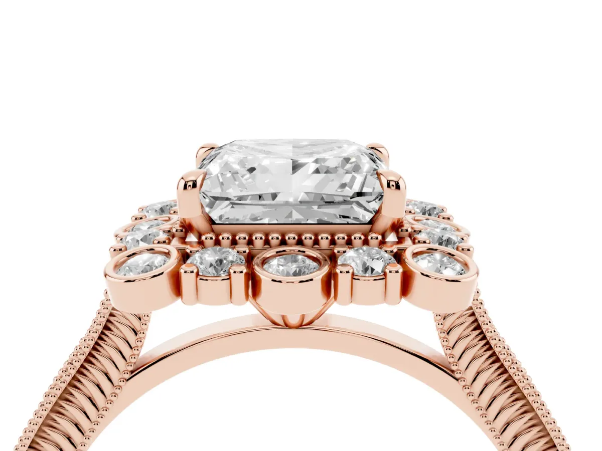 Princess Cut Halo Milgrain Pave Diamond Ring with Four-Prong Setting Rose gold