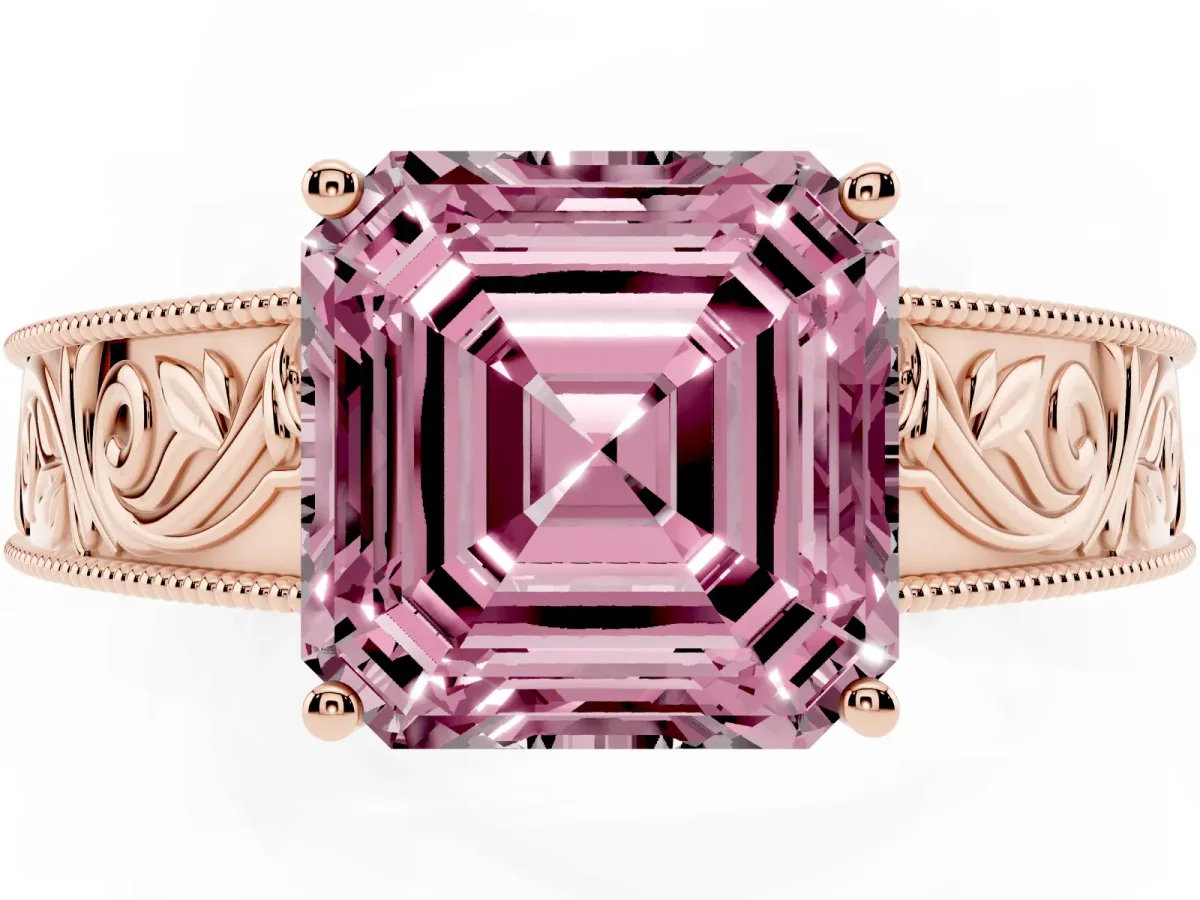 Fancy Pink Asscher Cut Diamond Solitaire Ring with Engraved Band and Four-Prong Setting Rose gold