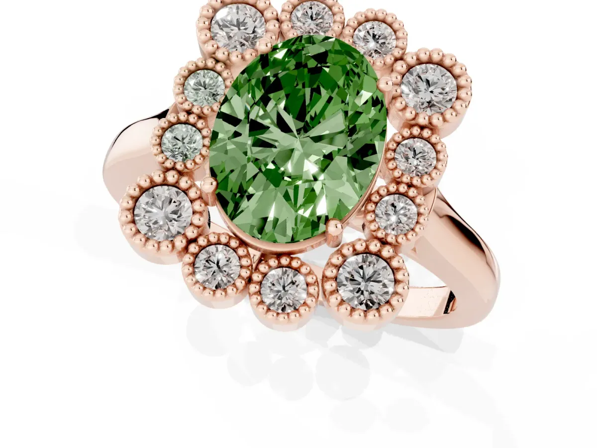 Fancy Green Oval Cut Halo Diamond Cluster Engagement Ring with Milgrain Bezel Setting and Solitaire Band Rose gold
