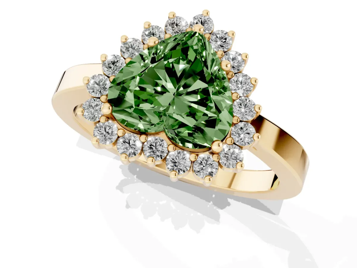 Fancy Green Heart Cut Cut Diamond Halo Ring with Round Brilliant Halo and Solitaire Band Yellow gold
