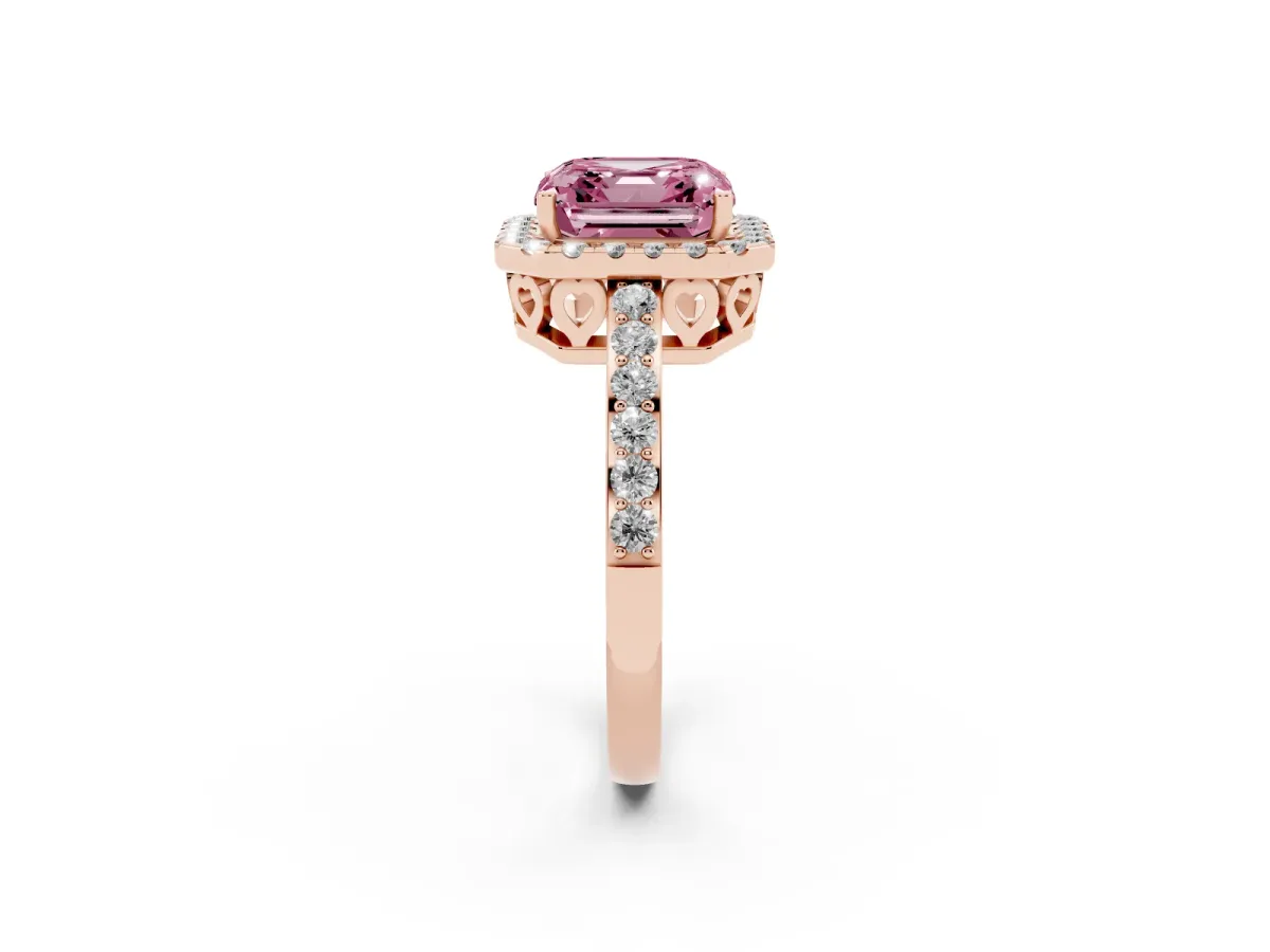Fancy Pink Asscher Cut Halo Diamond Pavé Band Ring with Prong Setting Rose gold