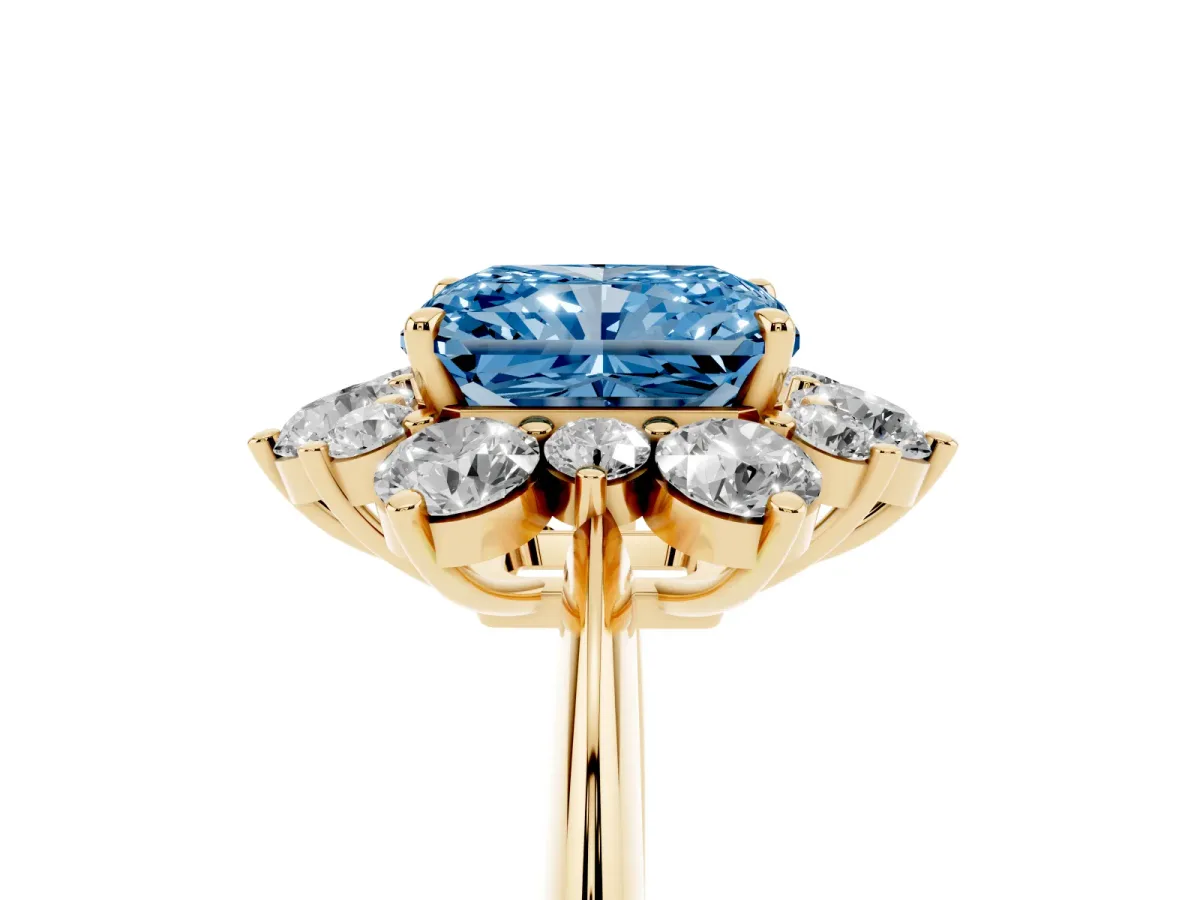 Fancy Blue Radiant Cut Diamond Cluster Halo Ring with Solitaire Band and Four-Prong Setting Yellow gold