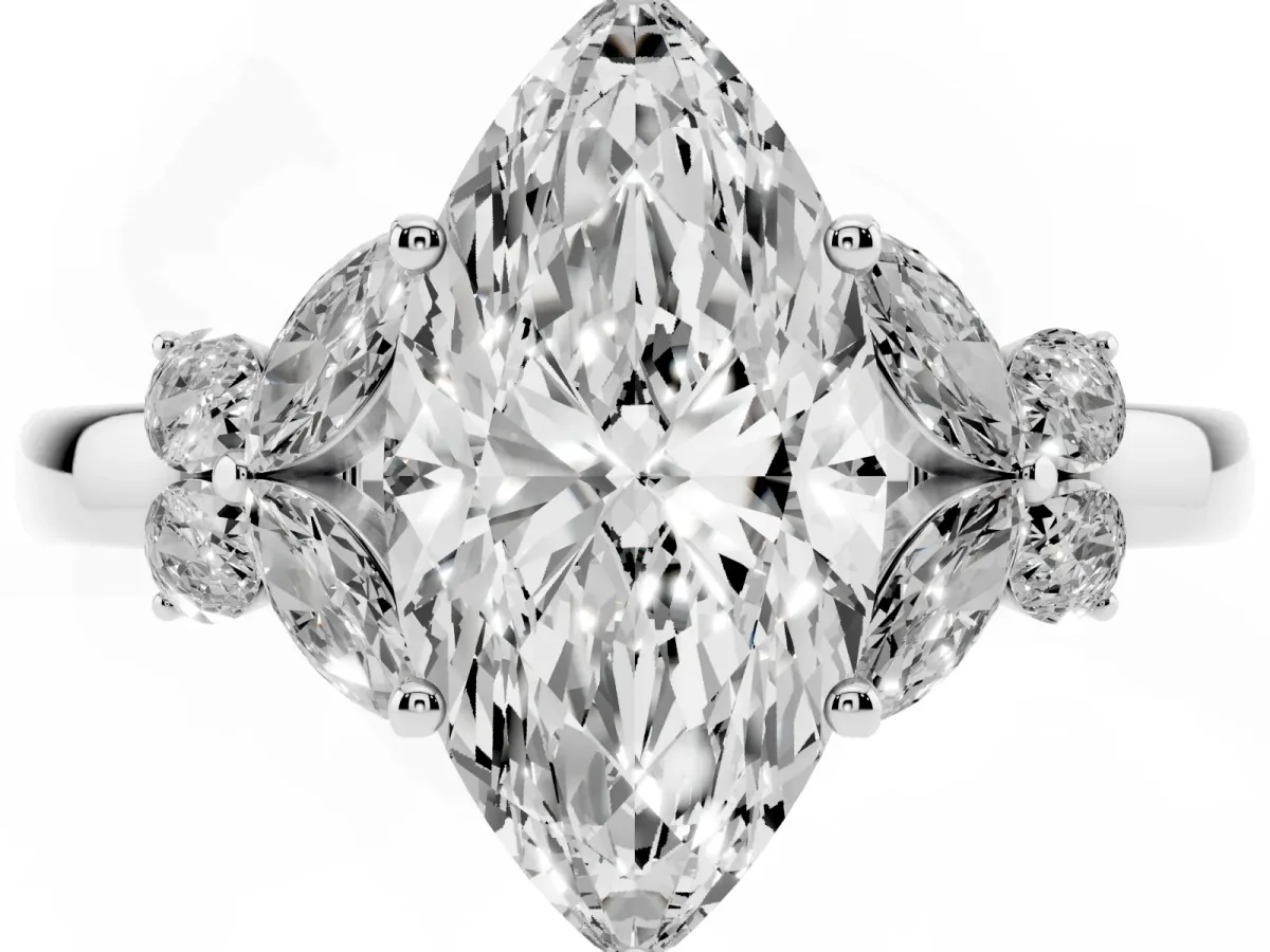 Marquise Cut Cut Solitaire Floral Diamond Ring with Four-Prong Setting Silver