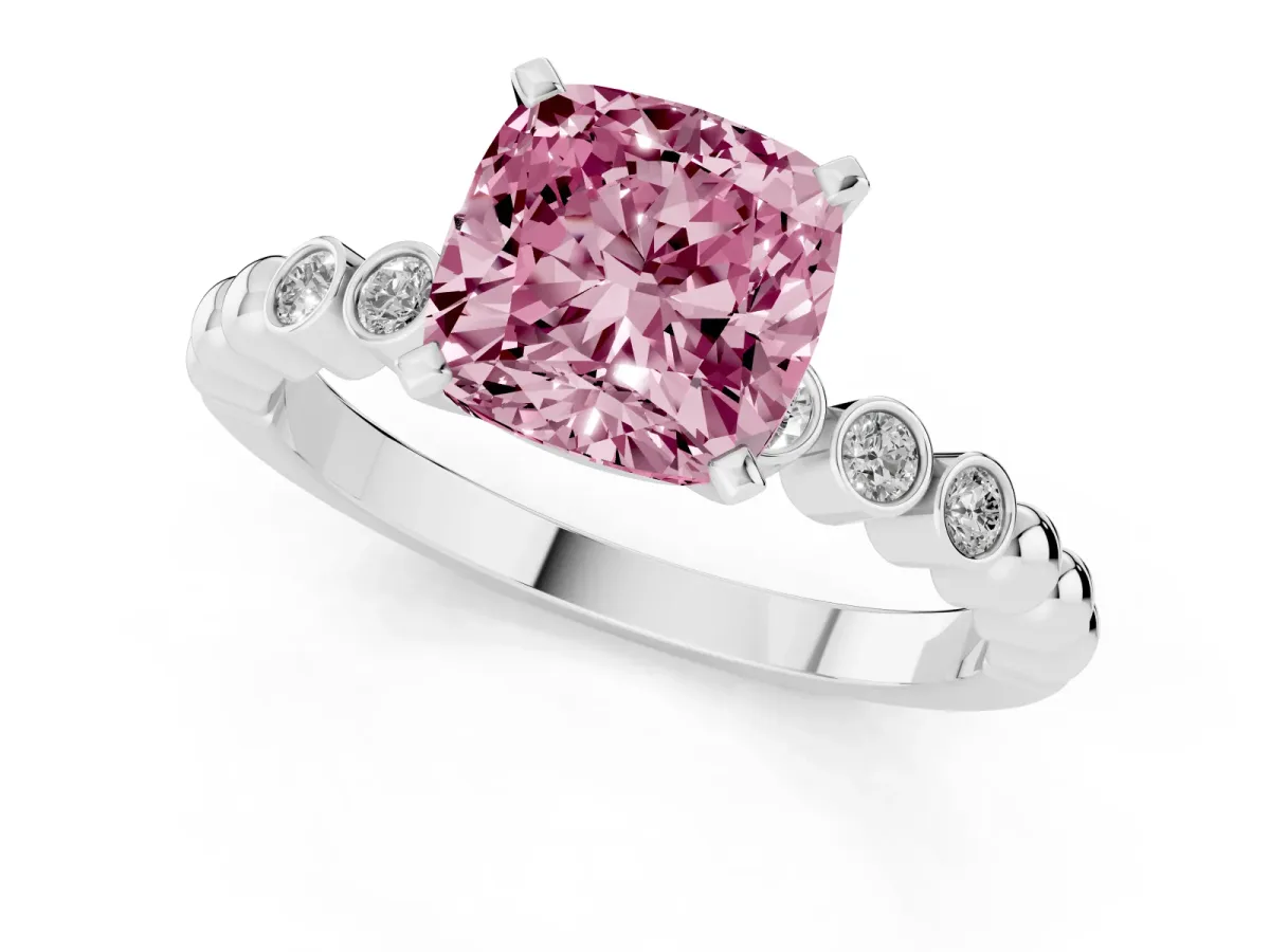 Fancy Pink Cushion Cut Solitaire Bezel Accent Diamond Engagement Ring with Beaded Band and Four-Prong Setting Platinum