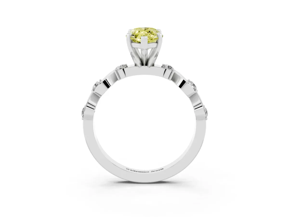 Fancy Yellow Marquise Cut Diamond Solitaire Twisted Band with Round Accents and Prong Setting White gold
