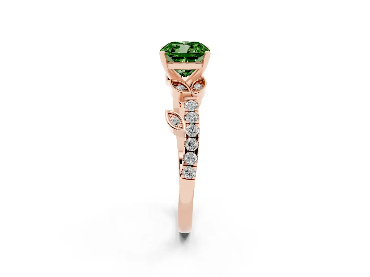 Fancy Green Cushion Cut Solitaire Leaf-Inspired Diamond Ring with Pavé Band and Four-Prong Setting Rose gold