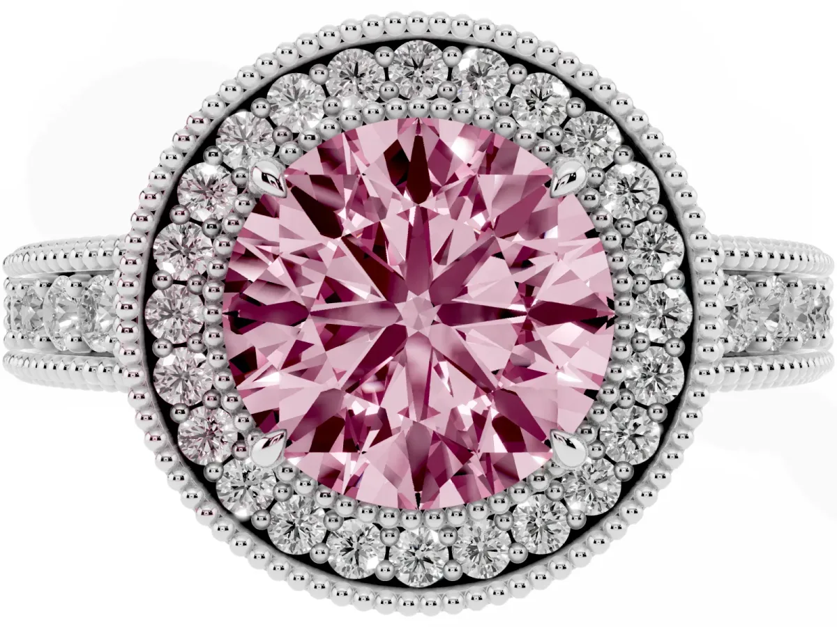 Fancy Pink Round Cut Cut Halo Diamond Ring with Pavé Band and Four-Prong Setting White gold