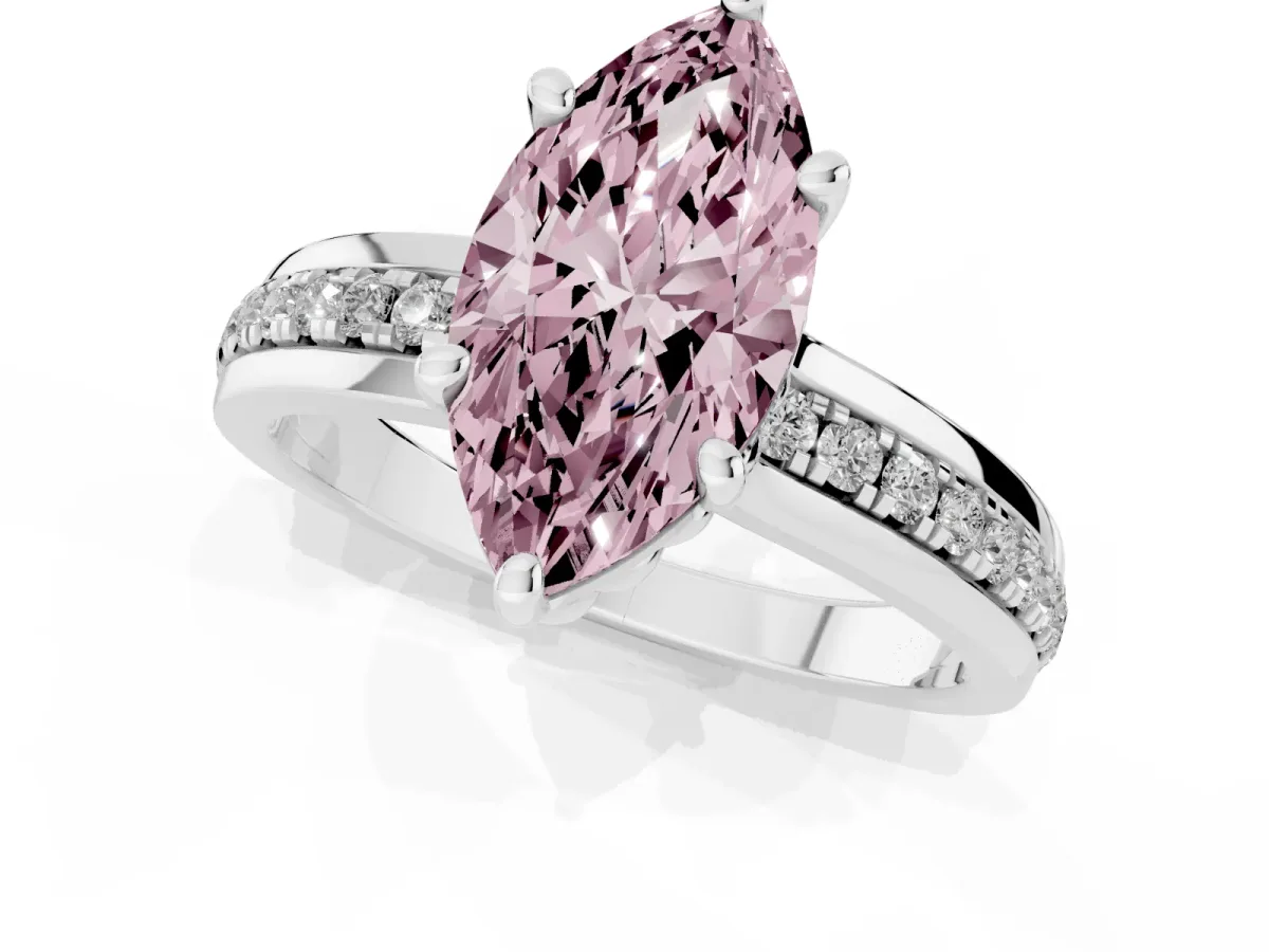 Fancy Pink Marquise Cut Solitaire Diamond Ring with Channel Set Band and Six-Prong Setting White gold