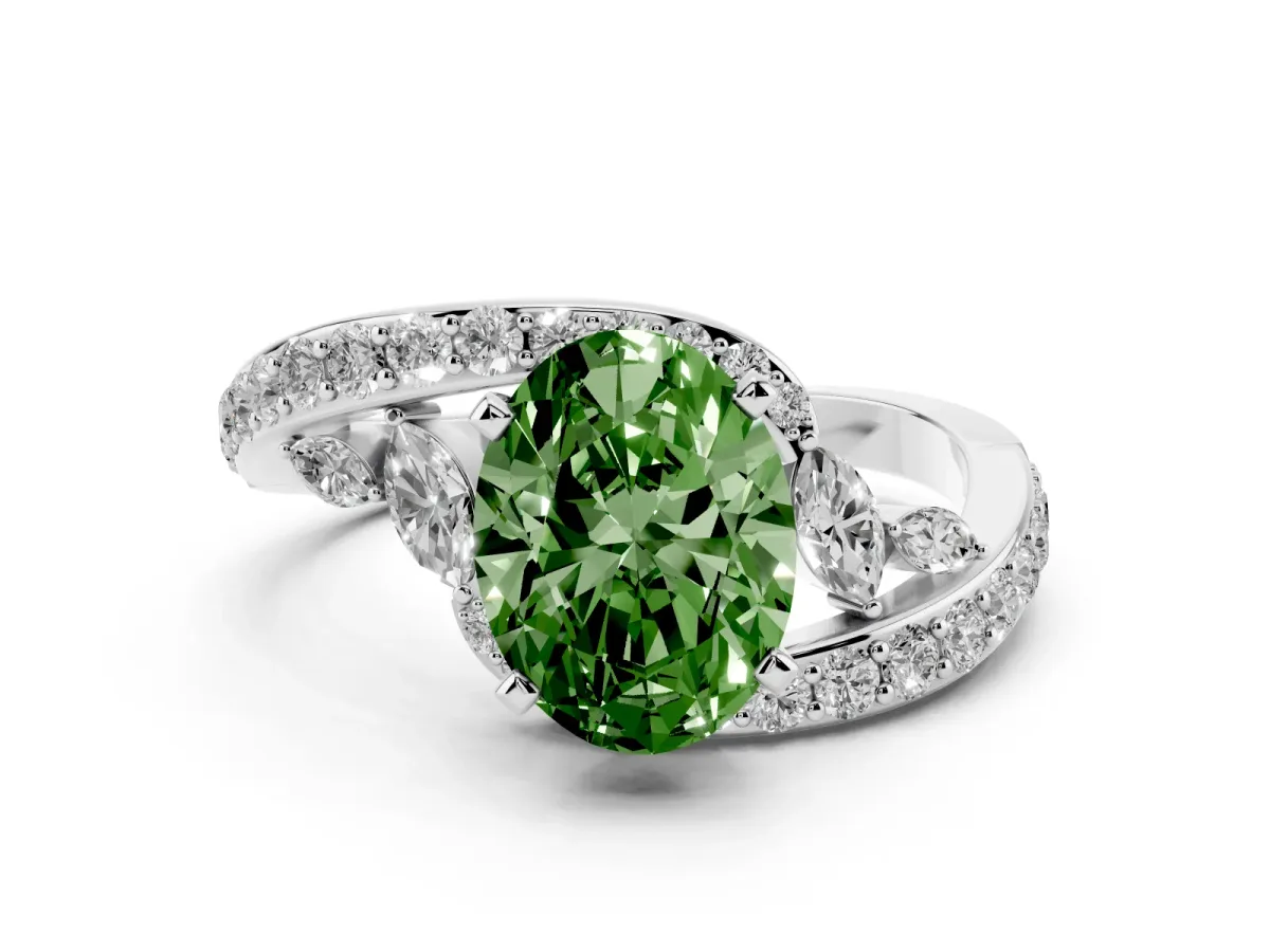 Fancy Green Oval Cut Solitaire with Pavé Twist Band and Four-Prong Setting Silver