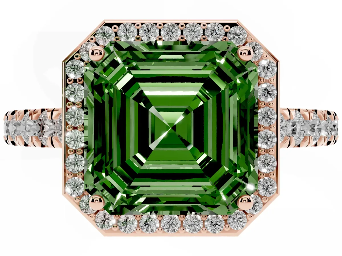 Fancy Green Asscher Cut Cut Halo Diamond Engagement Ring with Pave Band and Four-Prong Setting Rose gold
