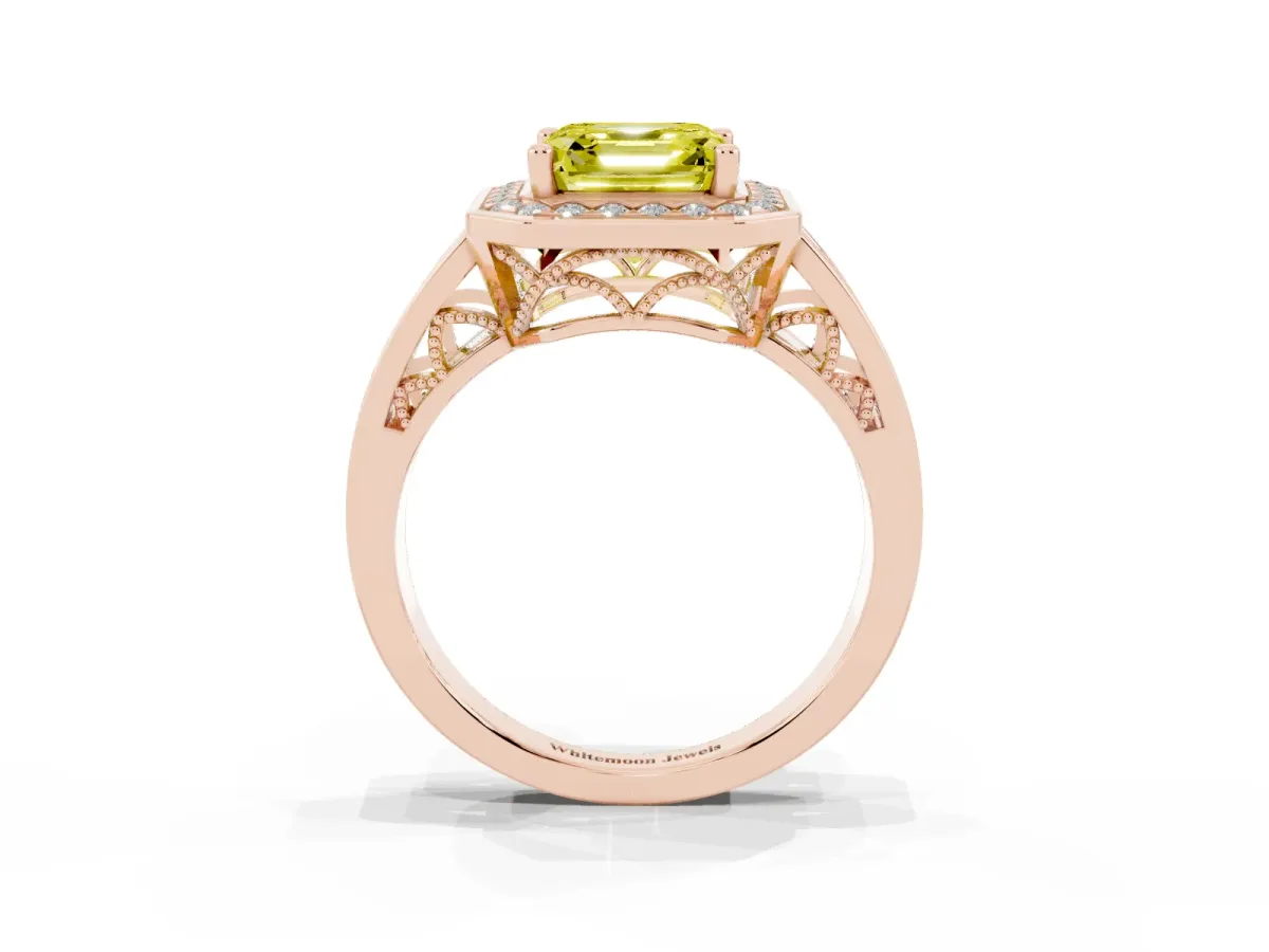 Fancy Yellow Asscher Cut Diamond Halo Ring with Split Shank and Bezel Accents and Prong Setting Rose gold