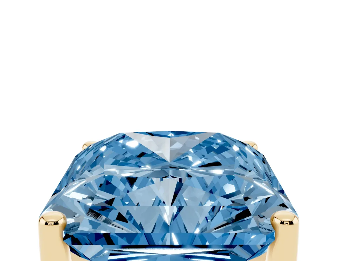 Fancy Blue Radiant Cut Cut Diamond Solitaire Engagement Ring with Tapered Plain Band and Four-Prong Setting Yellow gold