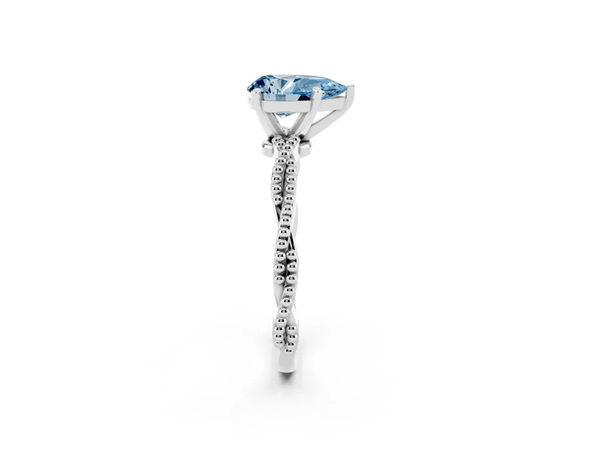 Fancy Blue Pear Cut Solitaire Twisted Band with Bead Prong Setting Platinum