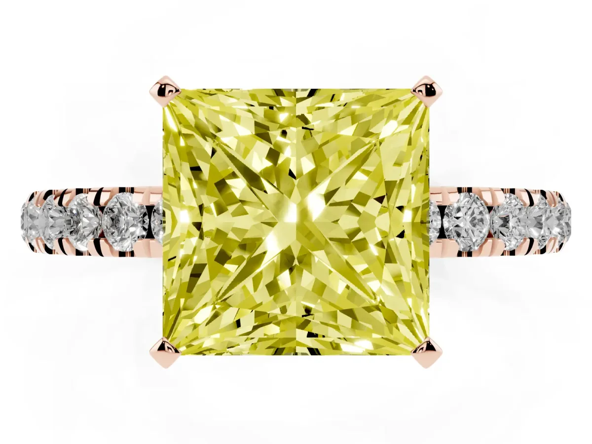 Fancy Yellow Princess Cut Diamond Solitaire Ring with Pavé Accents and Four-Prong Setting Rose gold