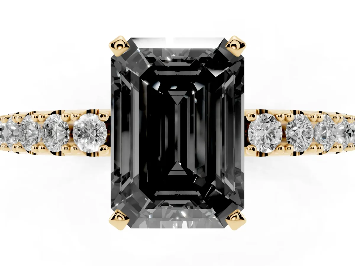 Fancy Black Emerald Cut Diamond Solitaire Pavé Band with Four-Prong Setting Yellow gold