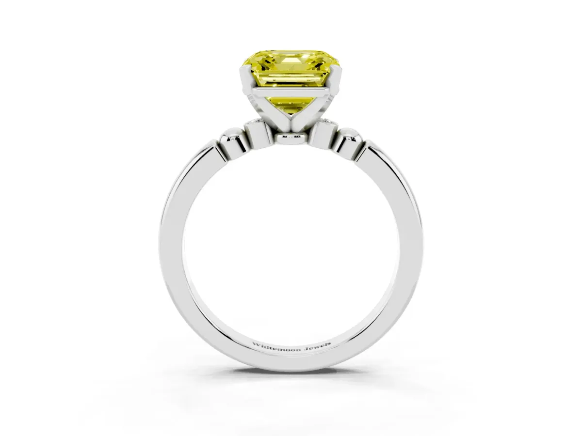 Fancy Yellow Asscher Cut Solitaire Beaded Band with Four-Prong Setting Platinum