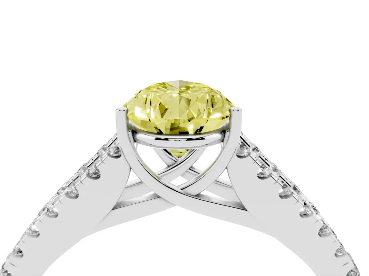 Fancy Yellow Pear Cut Diamond Split Shank Engagement Ring with Round Pavé and Prong Setting Platinum