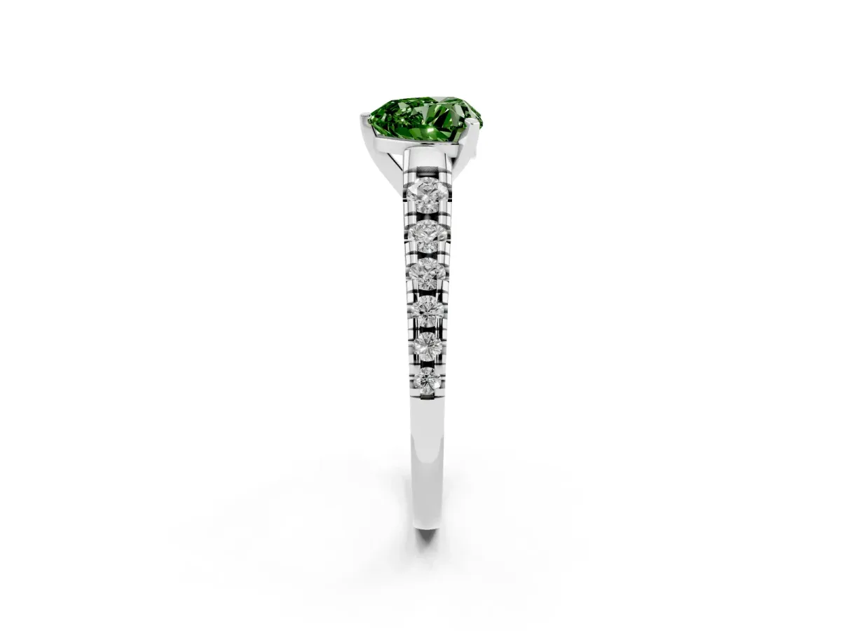 Fancy Green Heart Cut Diamond Cathedral Solitaire Ring with Round Pavé Band Silver