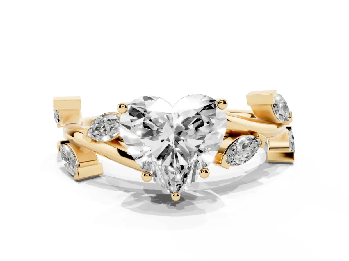 Heart Cut Solitaire Twisted Band Marquise Accent Prong Setting Ring Yellow gold