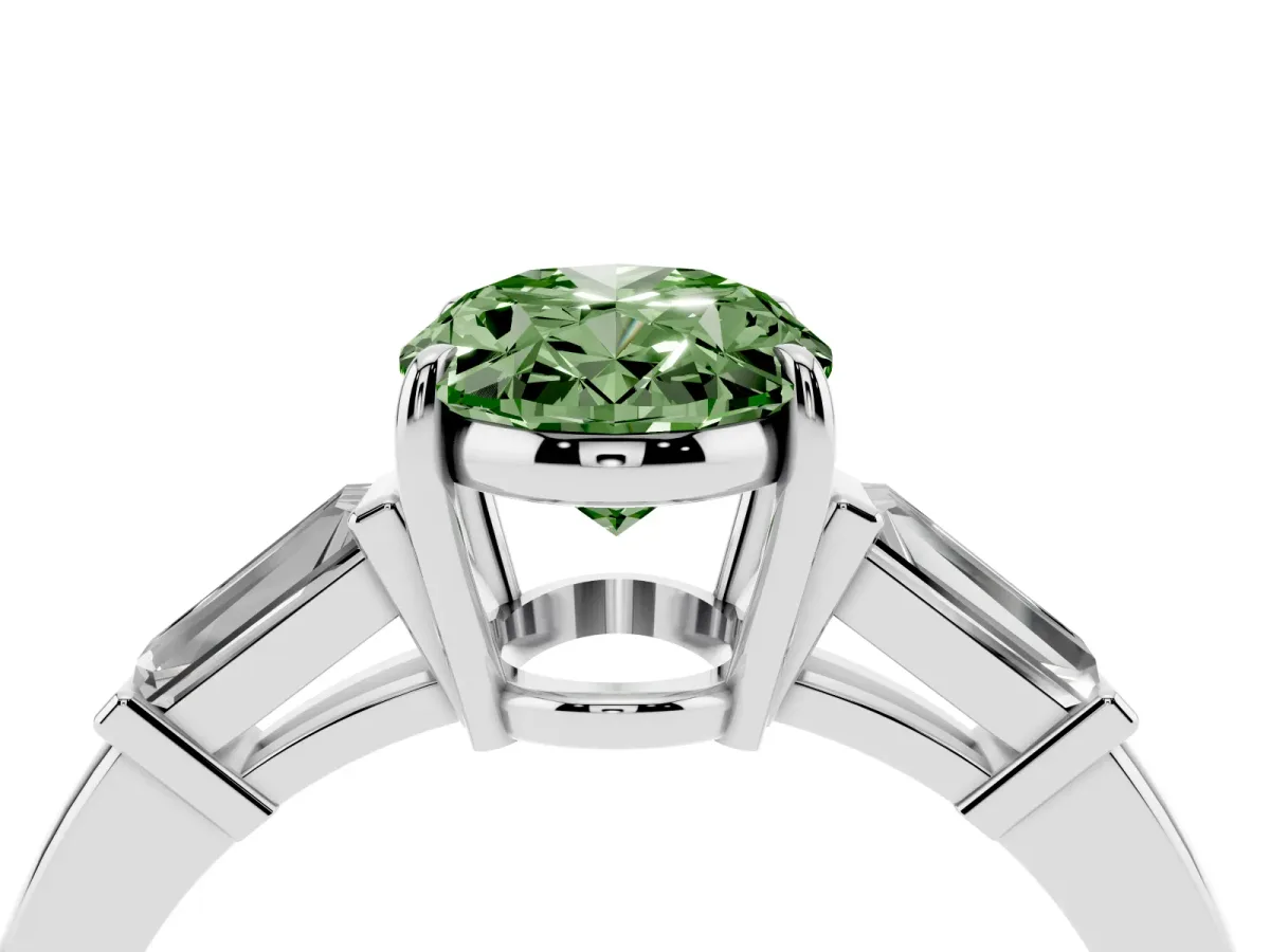 Fancy Green Oval Cut Diamond Three-Stone Ring with Tapered Baguette Side Stones and Prong Setting White gold