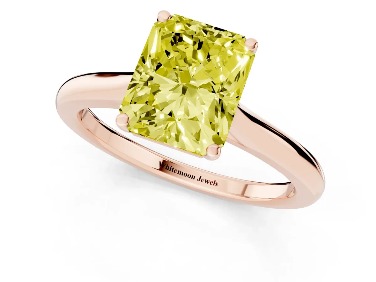 Fancy Yellow Radiant Cut Cut Solitaire Ring with Cathedral Band and Four-Prong Setting Rose gold