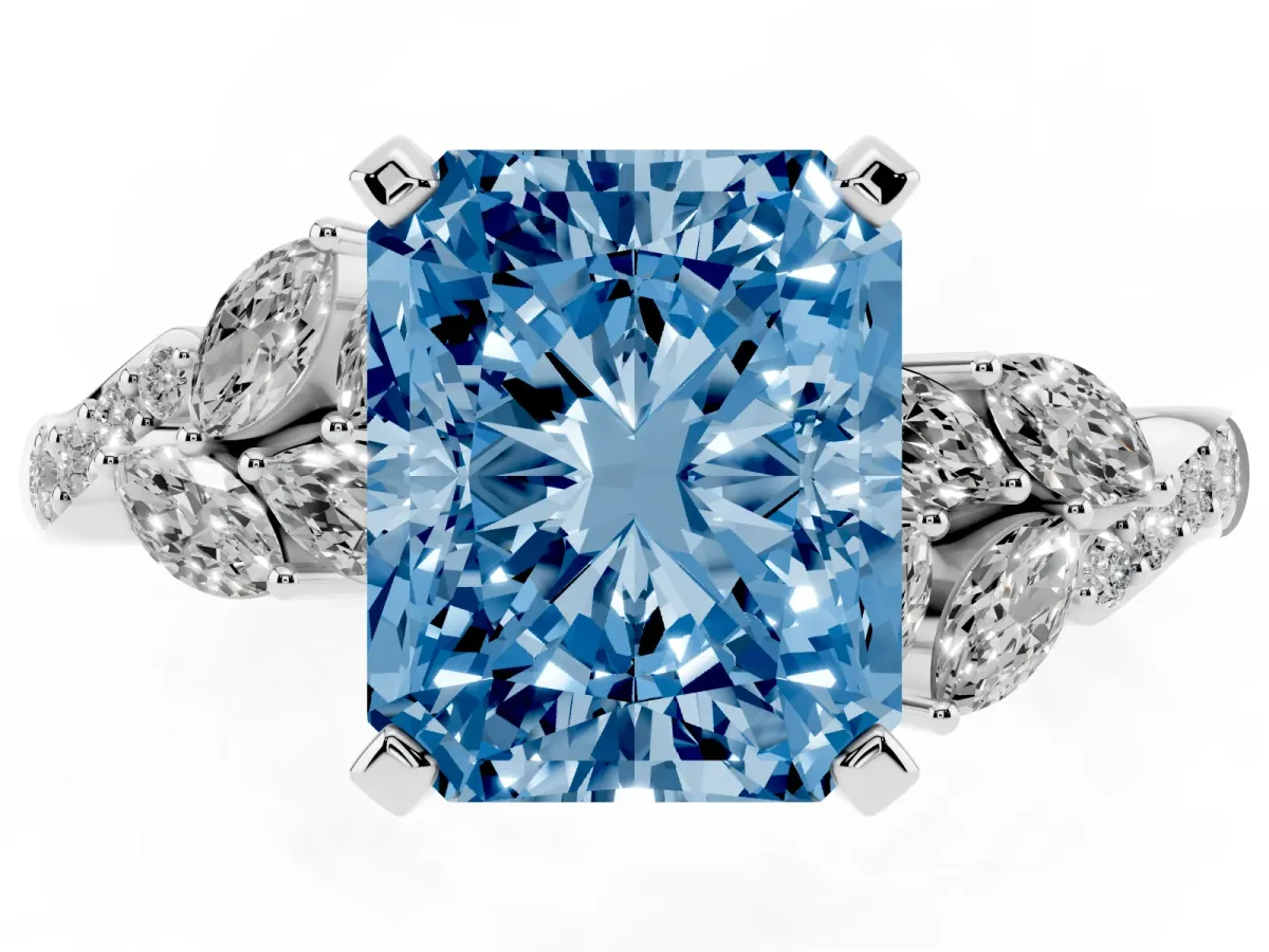 Fancy Blue Radiant Cut Solitaire Marquise Twist Band with Six-Prong Setting Silver