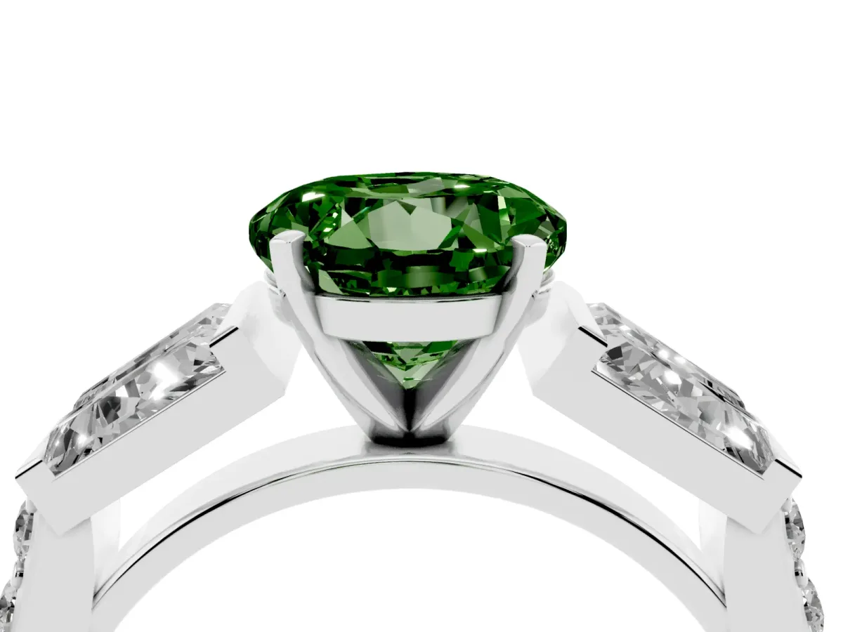 Fancy Green Round Cut Diamond Engagement Ring with Baguette Side Stones and Channel Set Band Silver