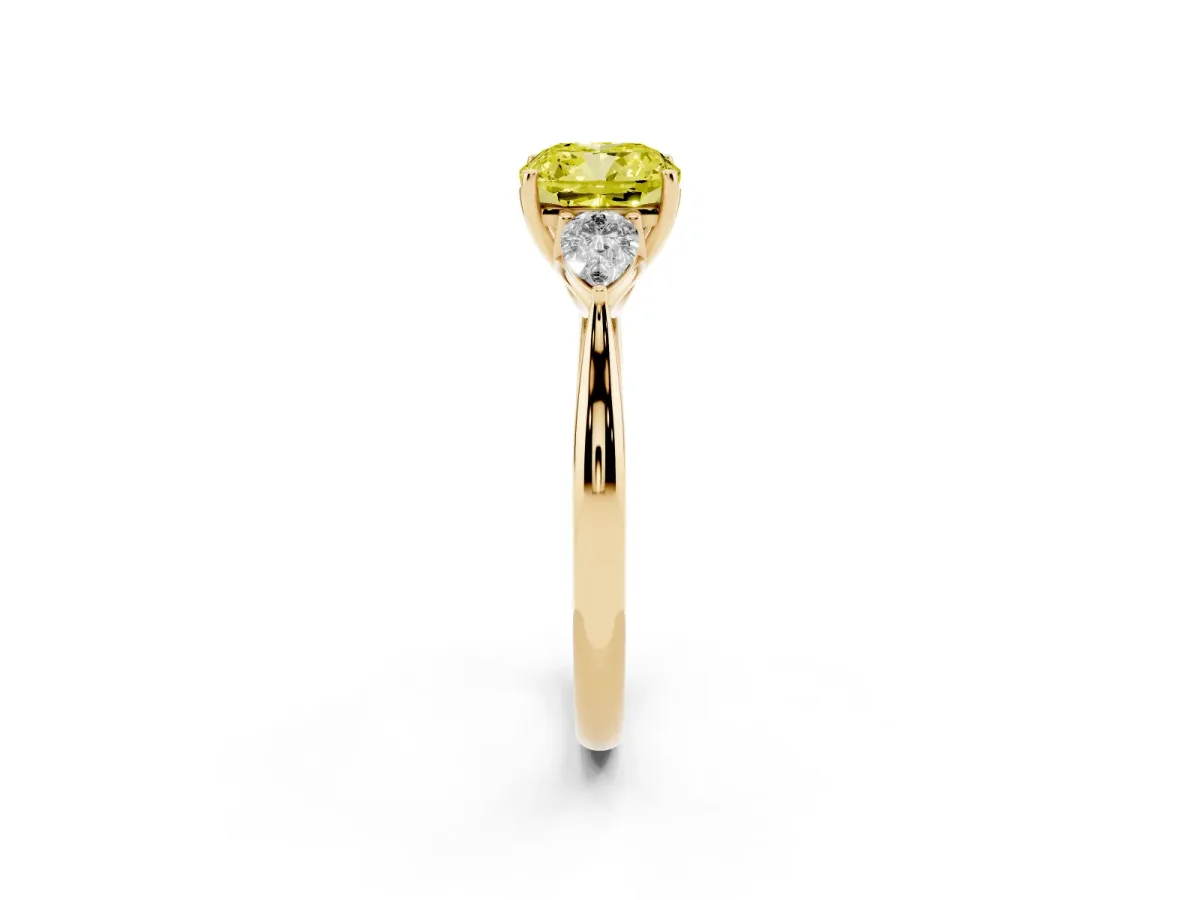 Fancy Yellow Three-Stone Cushion Cut Brilliant Diamond Solitaire Ring with Tapered Band and Four-Prong Setting Yellow gold