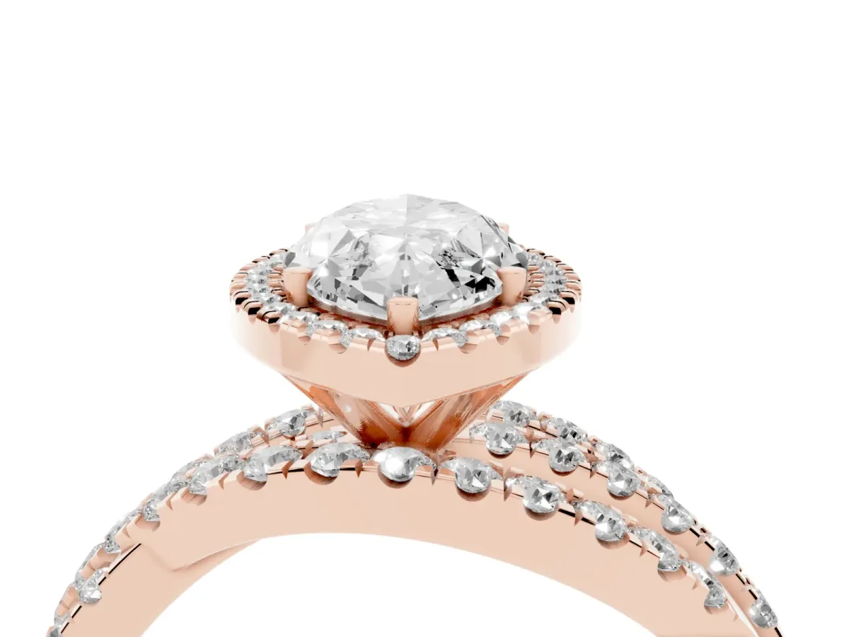 Marquise Cut Diamond Halo Ring with Round Split Shank and Prong Setting Rose gold