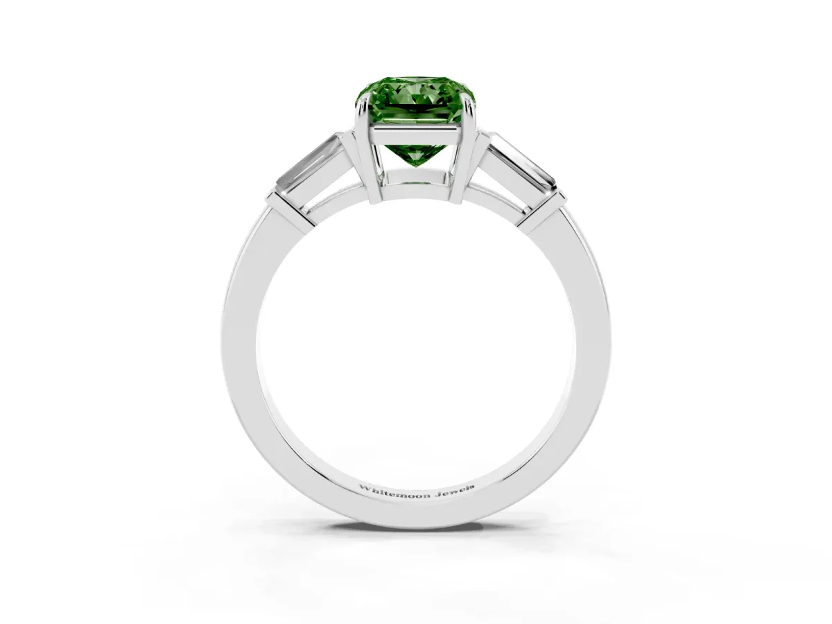 Fancy Green Radiant Cut Diamond Three-Stone Ring with Tapered Baguette Side Stones and Prong Setting Silver