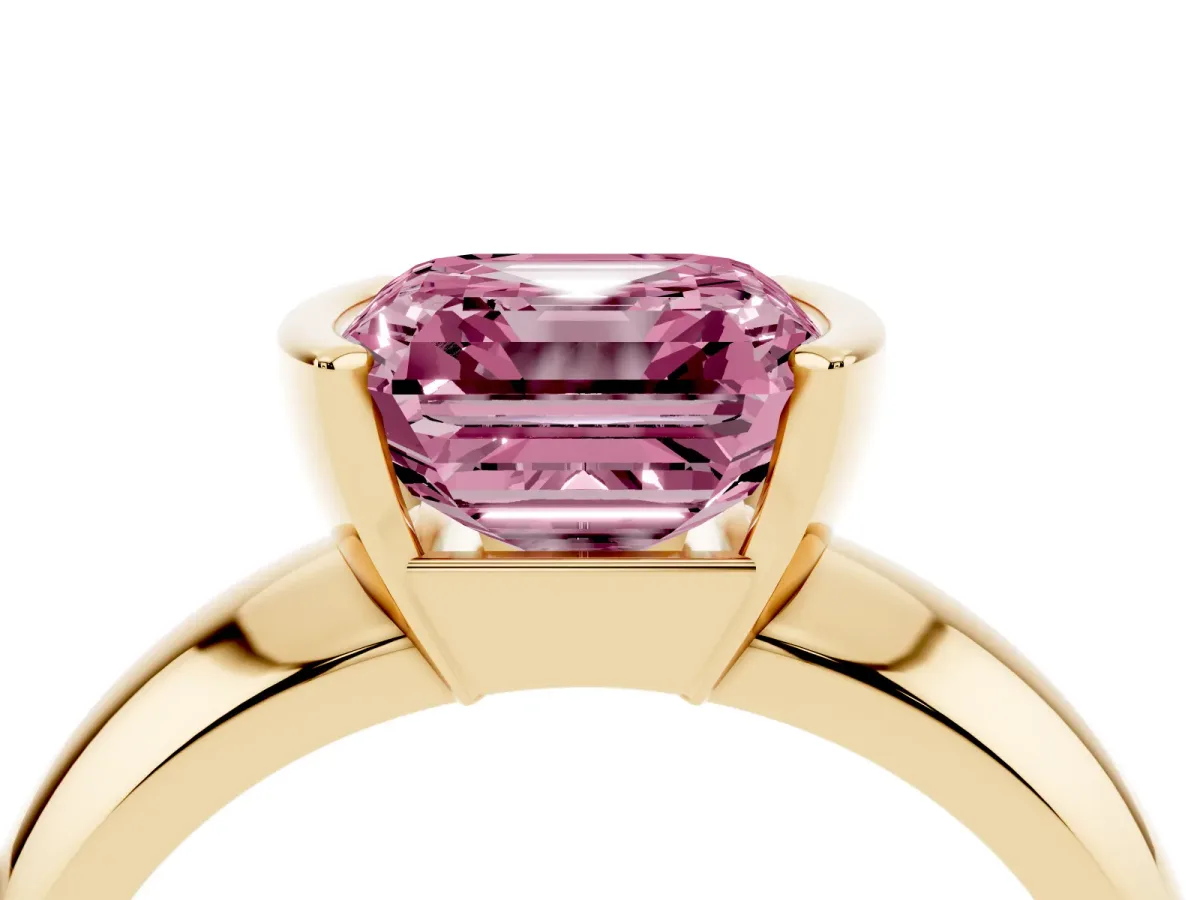 Fancy Pink Asscher Cut Solitaire Tension Set Diamond Ring with Wide Band Yellow gold