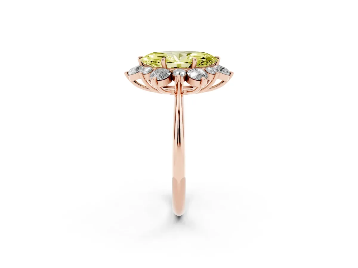 Fancy Yellow Marquise Cut Diamond Cluster Halo Ring with Solitaire Band and Four-Prong Setting Rose gold
