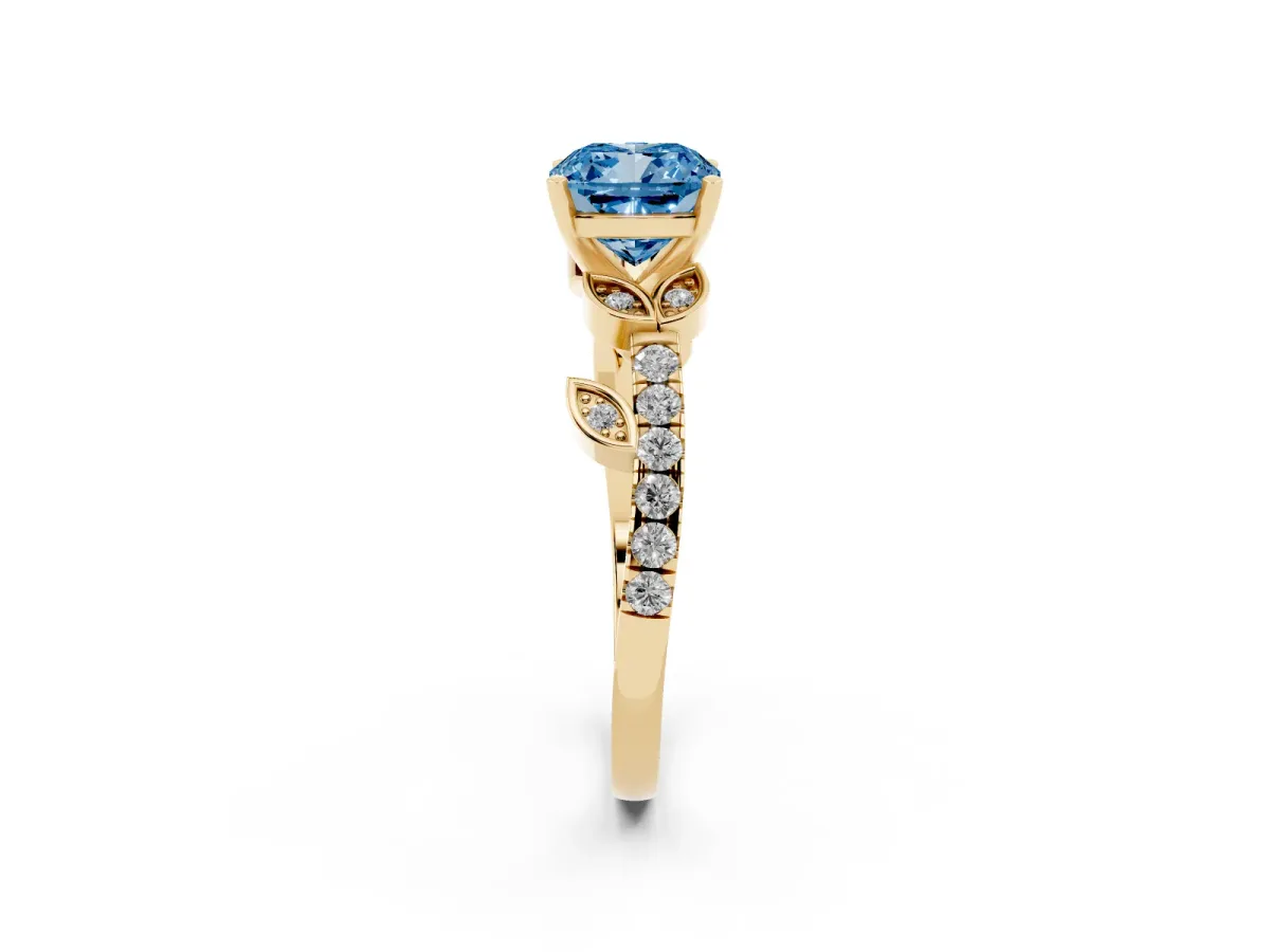 Fancy Blue Cushion Cut Solitaire Leaf-Inspired Diamond Ring with Pavé Band and Four-Prong Setting Yellow gold