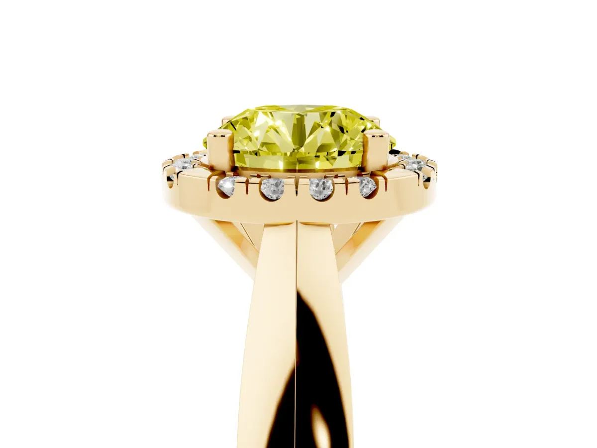 Fancy Yellow Round Cut Cut Halo Solitaire Engagement Ring with Square Band and Four-Prong Setting Yellow gold